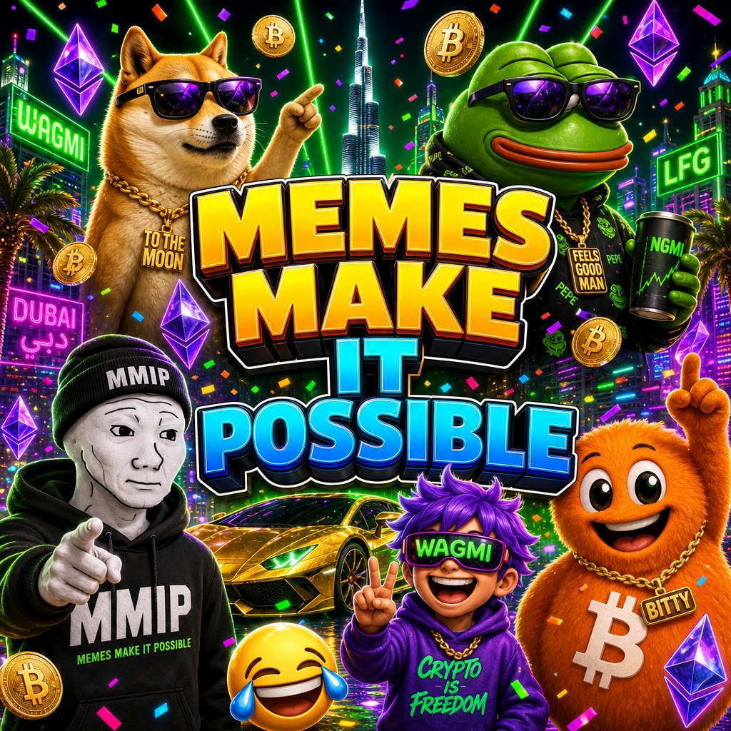 MMIP Meme Council in Dubai — Doge, Pepe, Wojak, Solboy and Bitty repping Memes Make It Possible with Burj Khalifa, Lambo and crypto memorabilia