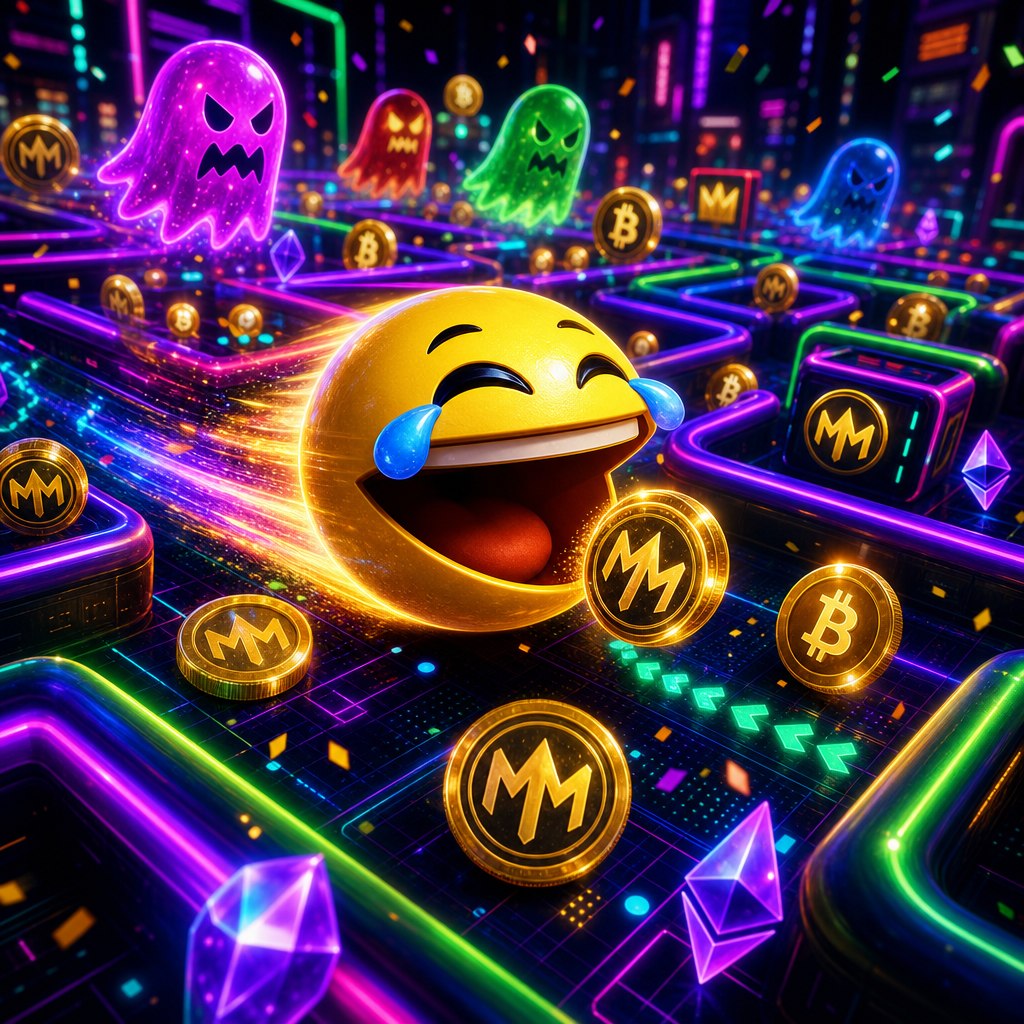 MMIP Muncher — LMAO emoji as Pacman in a neon maze with ghost rug-pulls