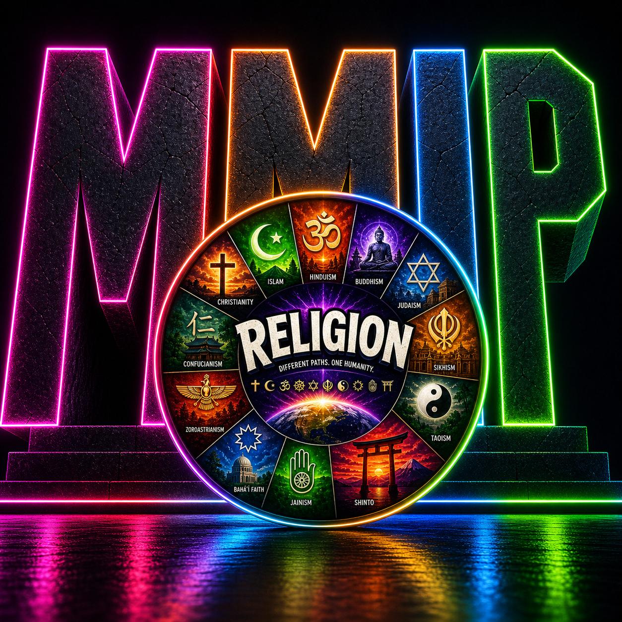 Religion — faiths of the world wheel against neon MMIP letters