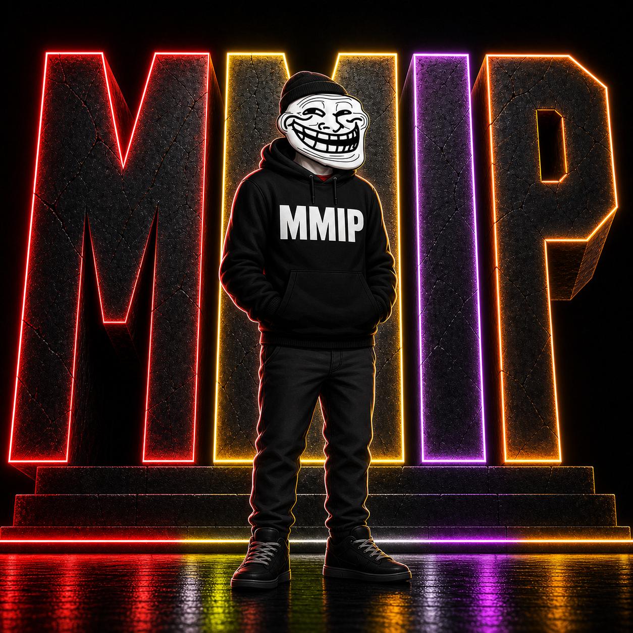 Troll — classic troll face in an MMIP hoodie against neon MMIP letters